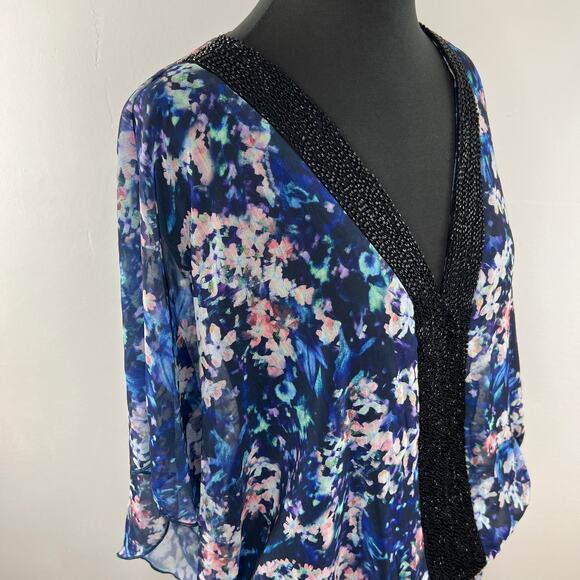 Badgley Mischka Blue Pink Floral Print V-Neckline Beaded Swimsuit Cover Up Sz L - Picture 3 of 6